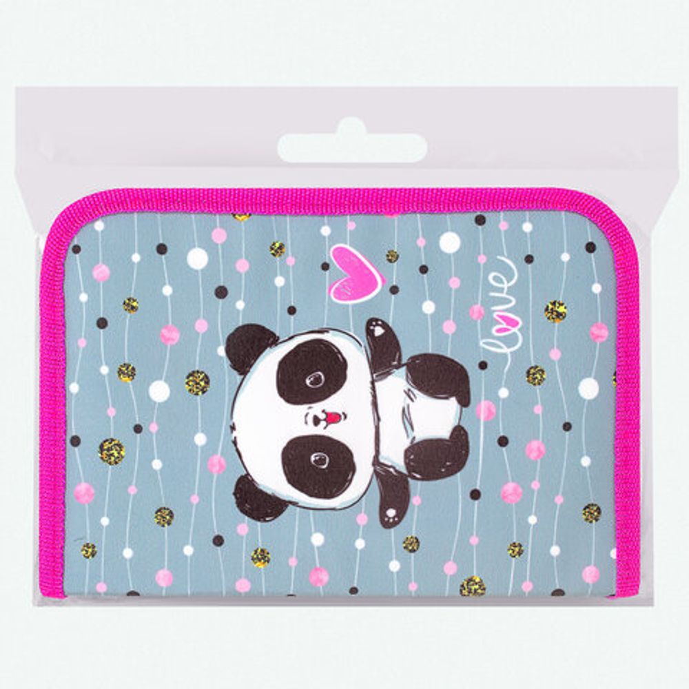 Пенал с наполнением BRAUBERG, 1 отделение, 1 откидная планка, 24 предмета, полиэстер, 21х14 см, "Funny panda", 270315
