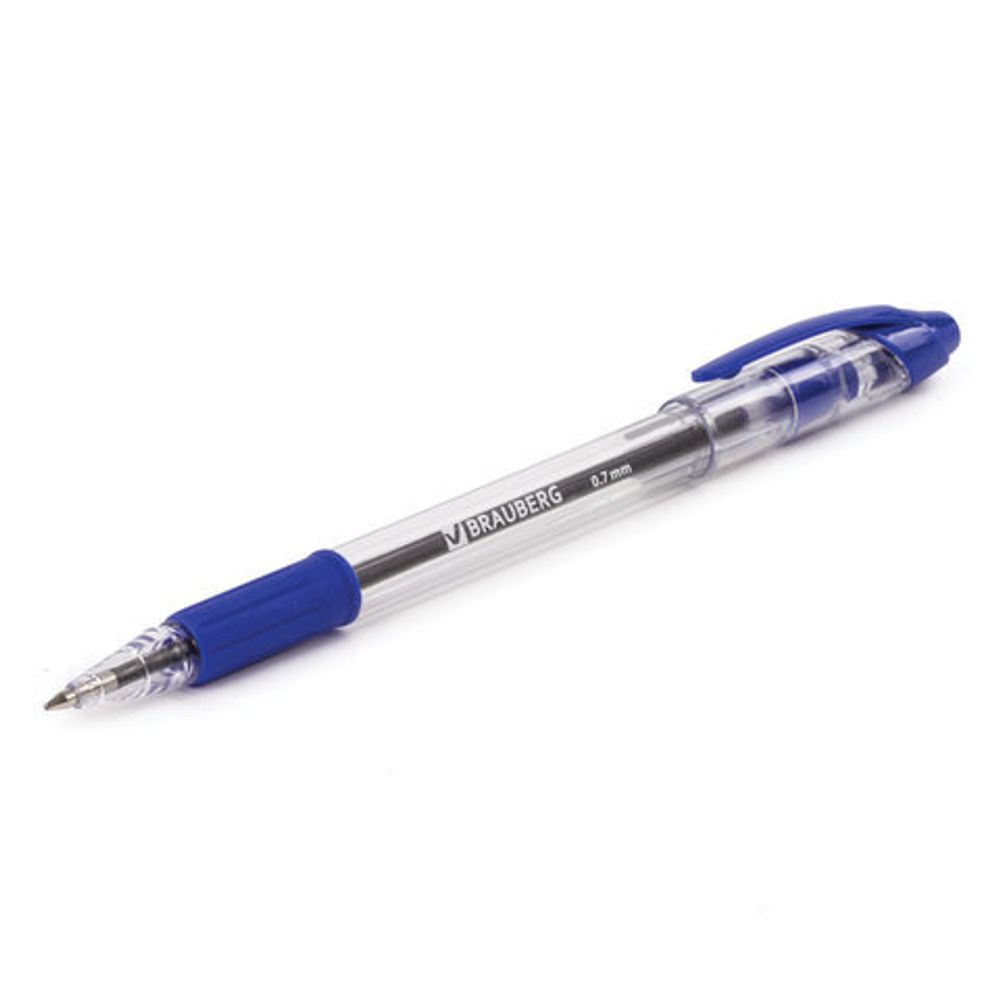 Ручка шариковая с грипом BRAUBERG "Samurai", СИНЯЯ, корпус прозрачный, узел 0,7 мм, линия письма 0,35 мм, 141149
