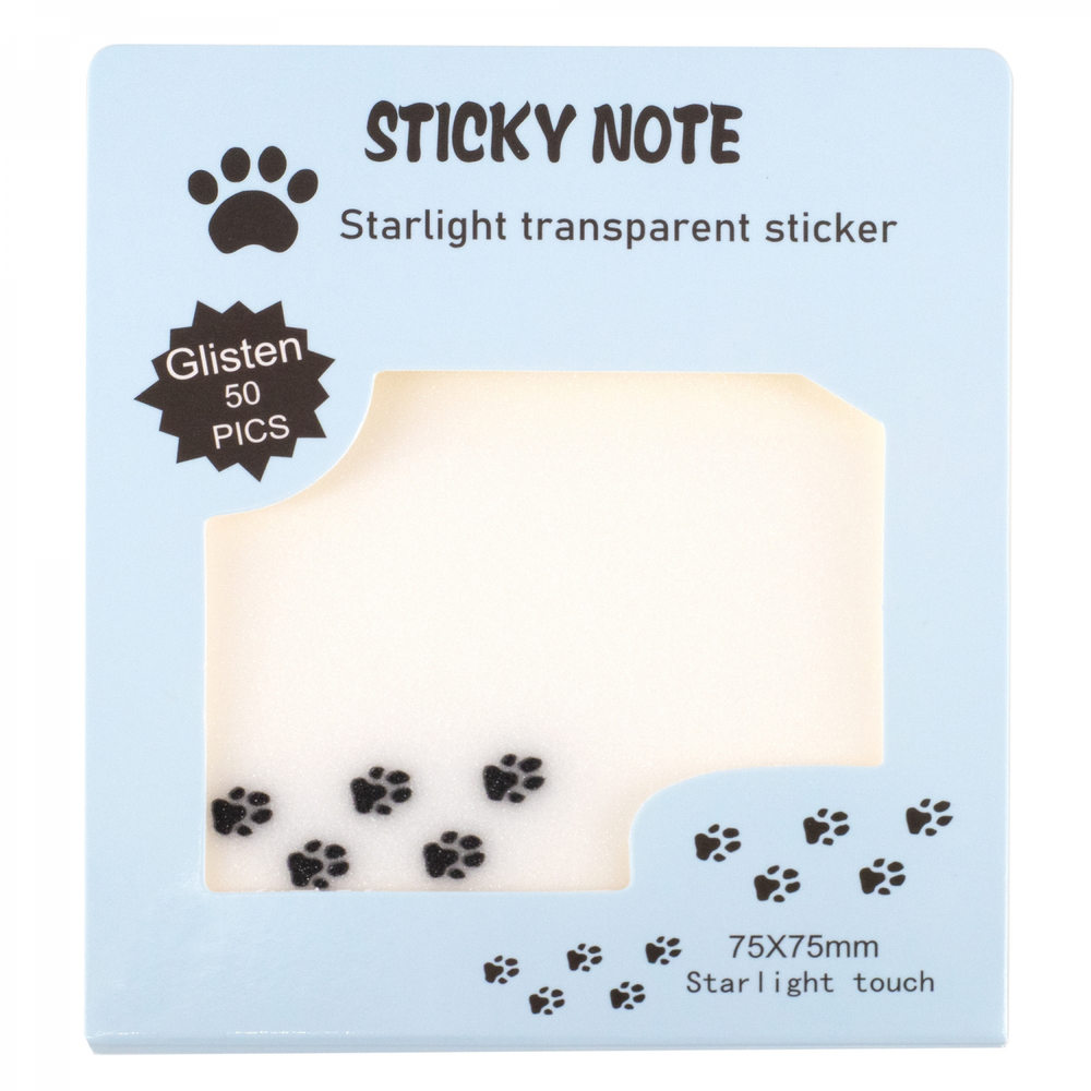 Прозрачные стикеры для заметок с клеевым краем, Alingar, 75 х 75 мм, 50 л., покрытие starlight touch, "Сat TRACKS", голубой, водонепрониц., европодвес