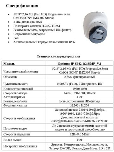 Видеокамера Optimus IP-S042.1(2.8)MP_V.1