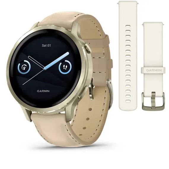 Garmin Venu 4 41 мм лунное золото смарт-часы с силиконовым ремешком цвета слоновой кости и дополнительным песочным кожаным ремешком