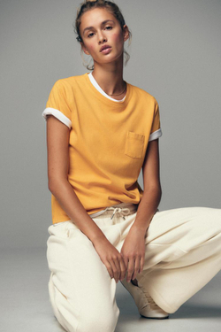 ZARA ФУТБОЛКА ИЗ ТКАНИ С ЭФФЕКТОМ ПОТЕРТОСТИ С КАРМАНОМ, ОРАНЖЕВЫЙ