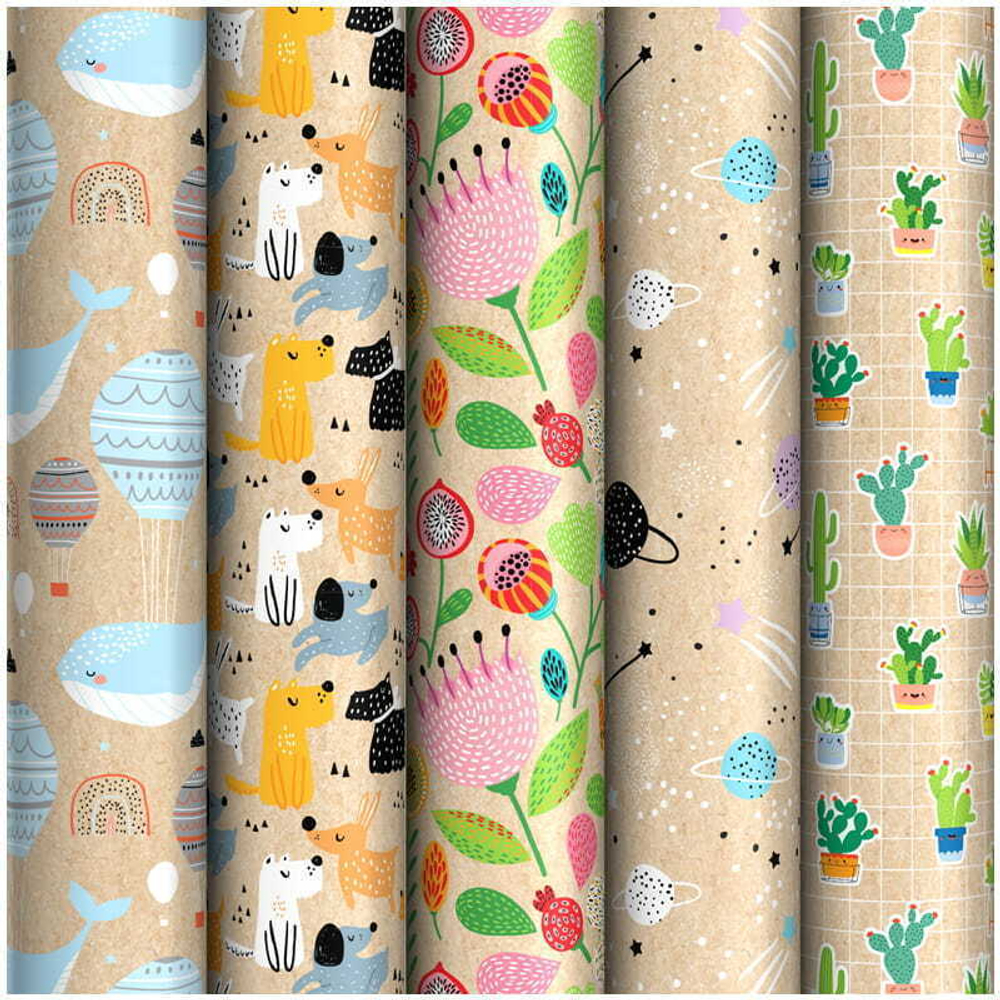 Упаковочная бумага крафт 70*100см, MESHU "Fun mood", 70г/м2, ассорти 5 дизайнов ПБК100м_32884