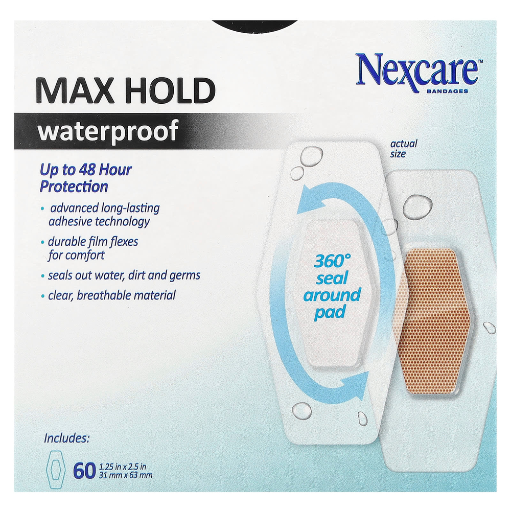 Nexcare, Водонепроницаемые бинты, максимальная фиксация, 60 бинтов одного размера