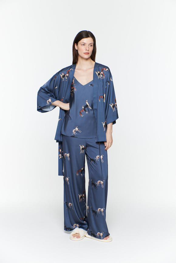 Шелковая блуза-кимоно с борзыми графит