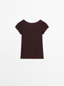 Massimo Dutti Футболка из хлопка с отделкой кружевом, коричневый