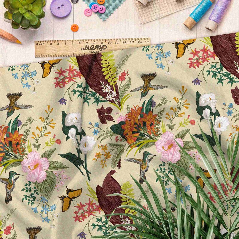 Ткань поплин колибри в цветах