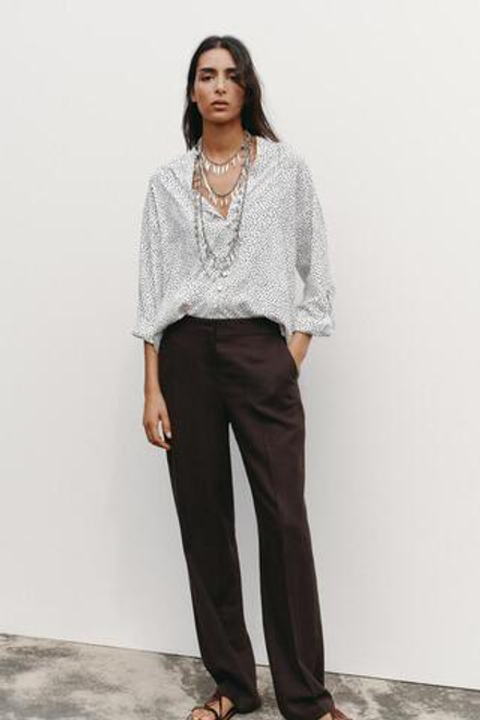 ZARA РУБАШКА В ГОРОШЕК С РУКАВАМИ С ПАТАМИ, ЭКРЮ/ЧЕРНЫЙ