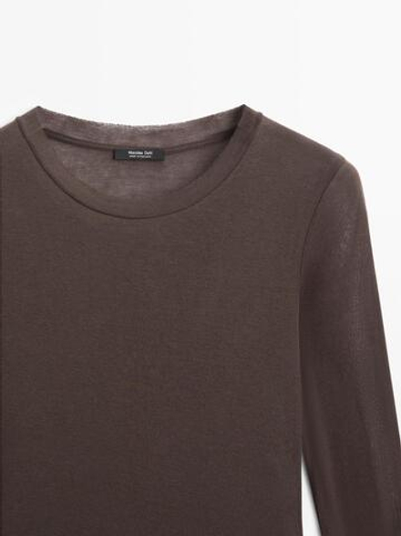 Massimo Dutti Футболка из 100% хлопка с деталями на воротнике, коричневый