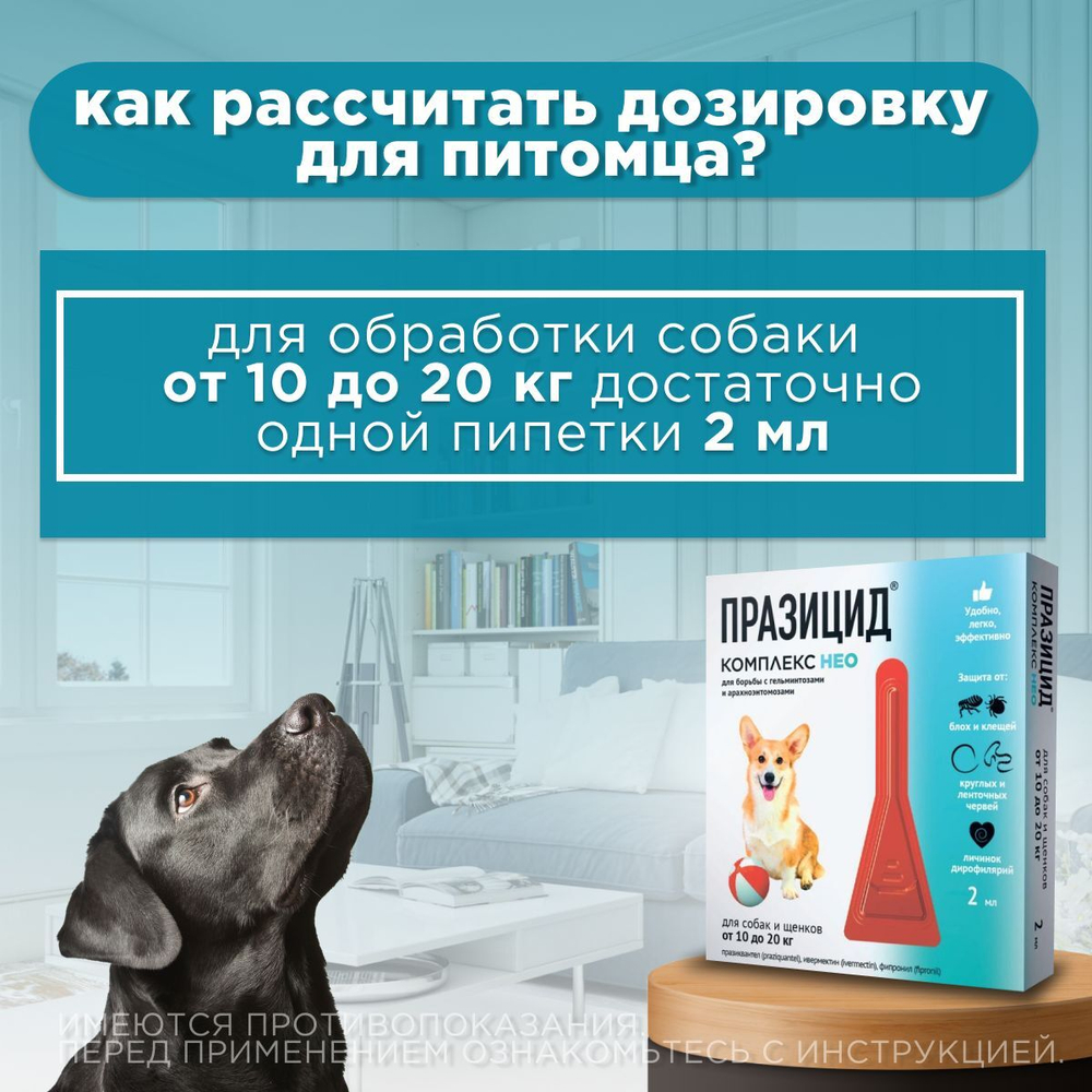 Капли на холку от блох, клещей, глистов, а также для профилактики дирофиляриоза у собак и щенков от 10 до 20 кг, Празицид-комплекс НЕО, Апиценна, 2 мл, 1 пипетка