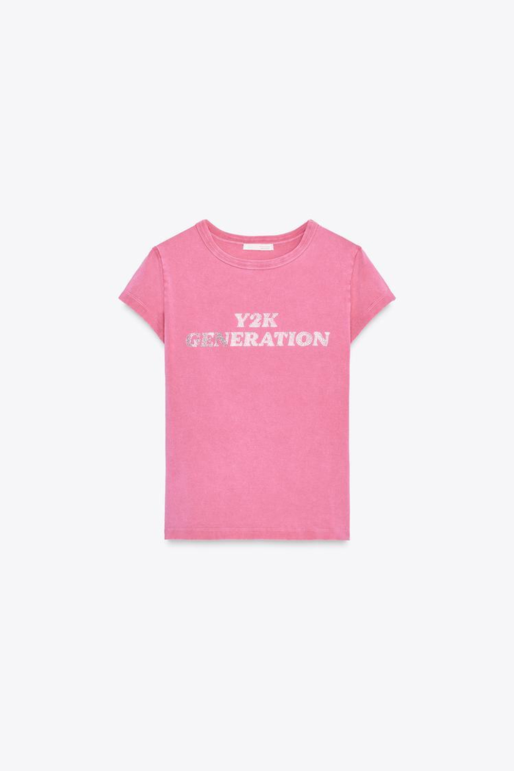 ZARA ФУТБОЛКА ИЗ ТКАНИ С ЭФФЕКТОМ ПОТЕРТОСТИ И СТРАЗАМИ, РОЗОВЫЙ