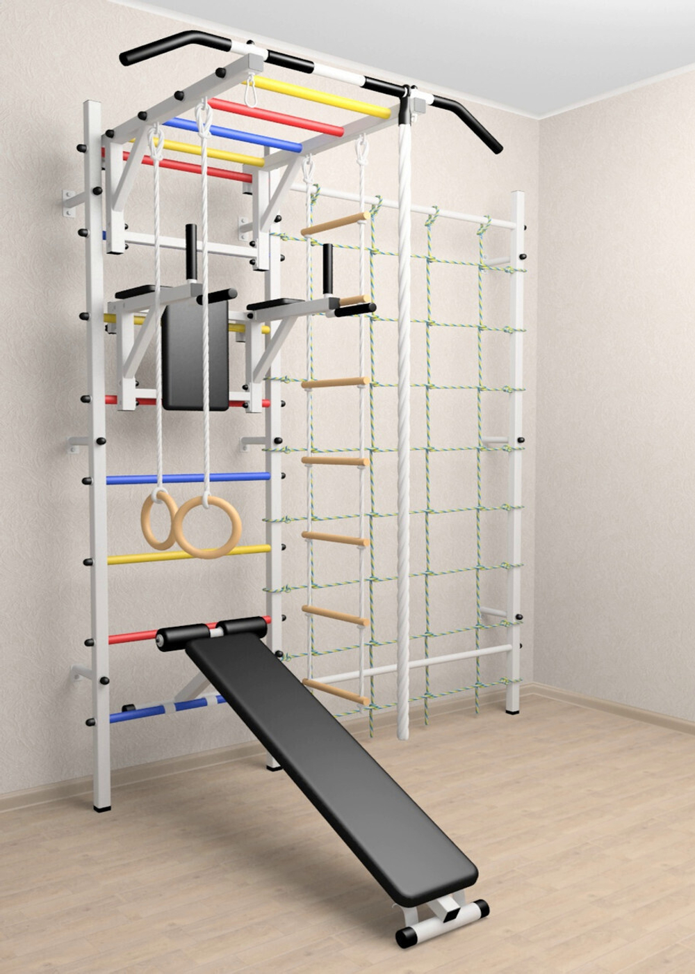 Шведская стенка Sv Sport усиленная 630 (Турник рукоход/Брусья/Скамья/Канат/Kольца/Лестница/Канатный лаз/Сетка)