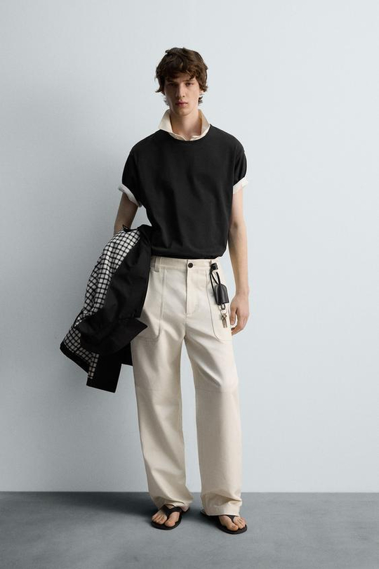 ZARA БРЮКИ REGULAR FIT С КАРМАНАМИ, ЖЕЛТОВАТО-БЕЛЫЙ