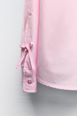ZARA РУБАШКА ИЗ ПОПЛИНА С БАНТАМИ, РОЗОВЫЙ