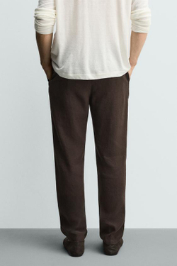ZARA БРЮКИ RELAXED FIT ИЗ ХЛОПКА И ЛЬНА, КОРИЧНЕВЫЙ
