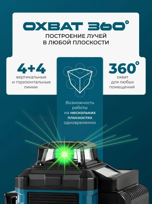 Профессиональный лазерный уровень строительный Makita 360 4D / Нивелир, 16 лучей с пультом управления и штативом, Зеленый луч 360 градус макита