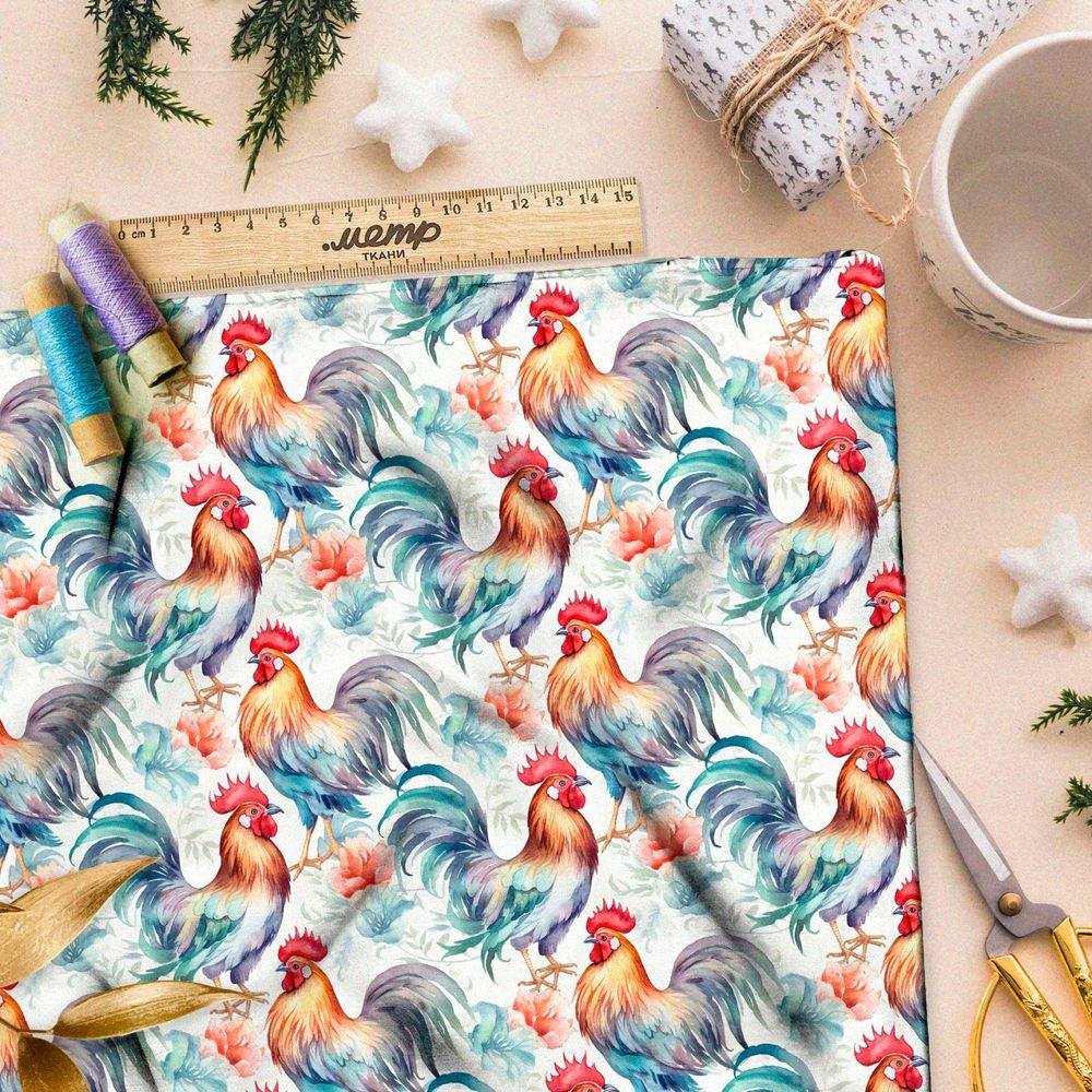 Ткань премиум атлас толпа петухов