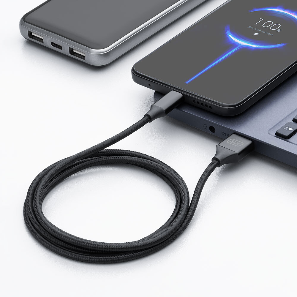 Дата-кабель USB - USB-C, 2А, 1м, нейлон, черный