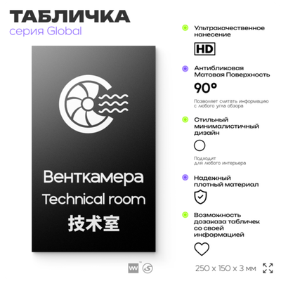 Табличка Венткамера, на дверь и стену, информационная и мультиязычная (русский, английский, китайский), серия GLOBAL, 25х15 см, Айдентика Технолоджи