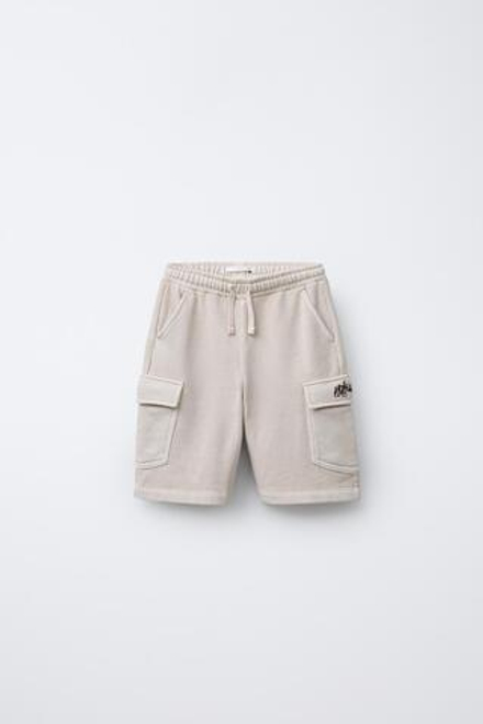 ZARA ШОРТЫ КАРГО ИЗ МЯГКОЙ ТКАНИ С ВЫШИВКОЙ «ГРАФФИТИ», ЭКРЮ