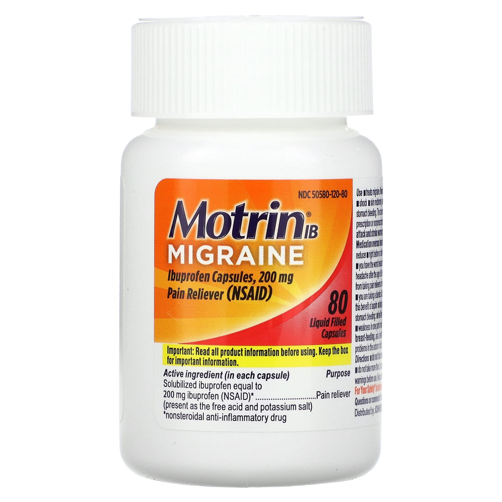 Motrin, Migraine, ибупрофен в капсулах, 200 мг, 80 капсул, наполненных жидкостью
