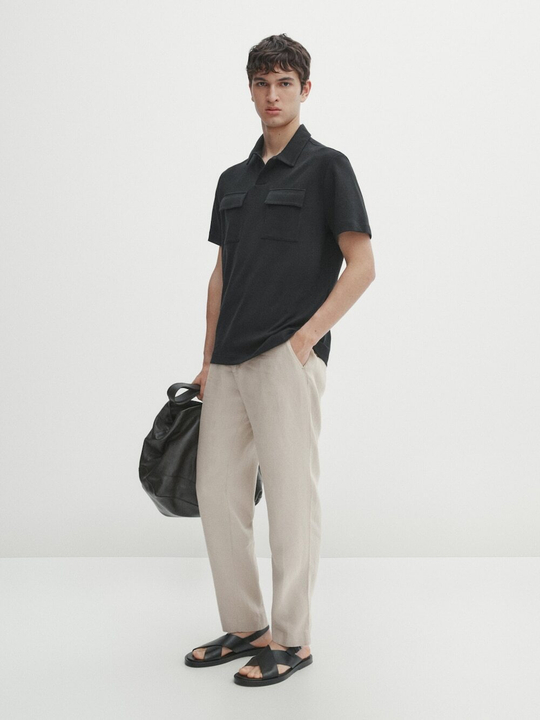 Massimo Dutti Хлопковая рубашка-поло с короткими рукавами и карманами, черный