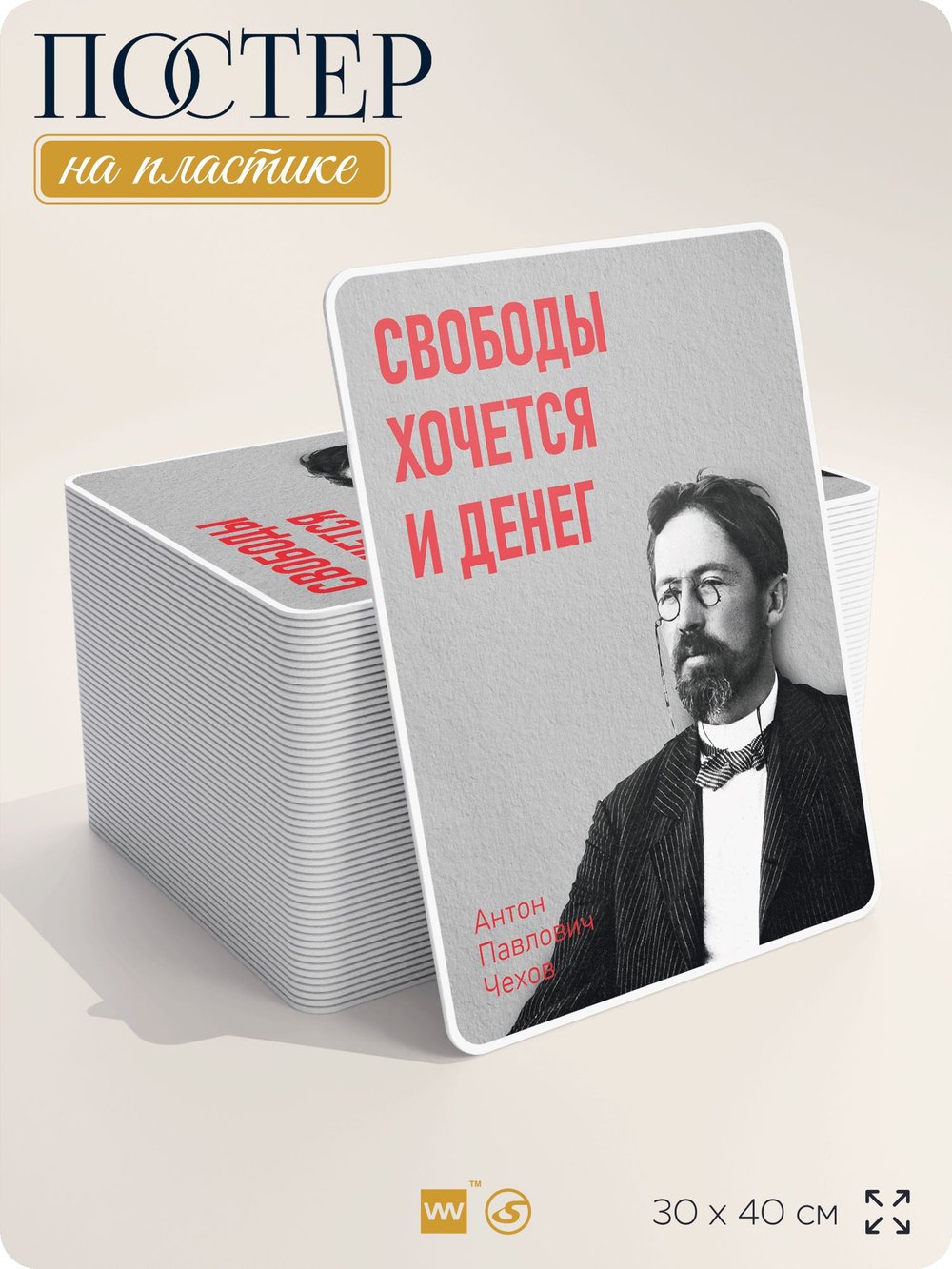 Литературный постер Антон Чехов "Свободы хочется и денег" на стену, на пластике, для интерьера, 30х40 см, Айдентика Технолоджи
