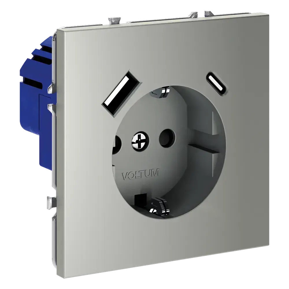 Розетка встраиваемая VOLTUM S70 с заземлением и защитными шторками, 16А, с USB, A+С, (сталь)