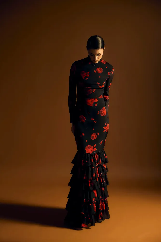 Рула макси (Rula maxi), платье макси из черного шифона с цветочным принтом