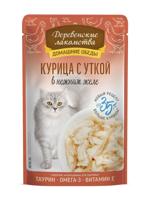 Деревенские лакомства Домашние обеды Влажный корм курица с уткой в нежном желе, 70г