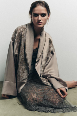 ZARA КИМОНО С ВЫШИВКОЙ И БУСИНАМИ, СЕРЫЙ