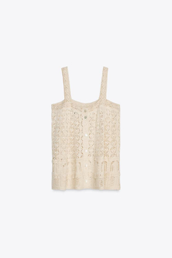 ZARA ТОП АЖУРНОЙ ВЯЗКИ С КРУЖЕВОМ, ЭКРЮ