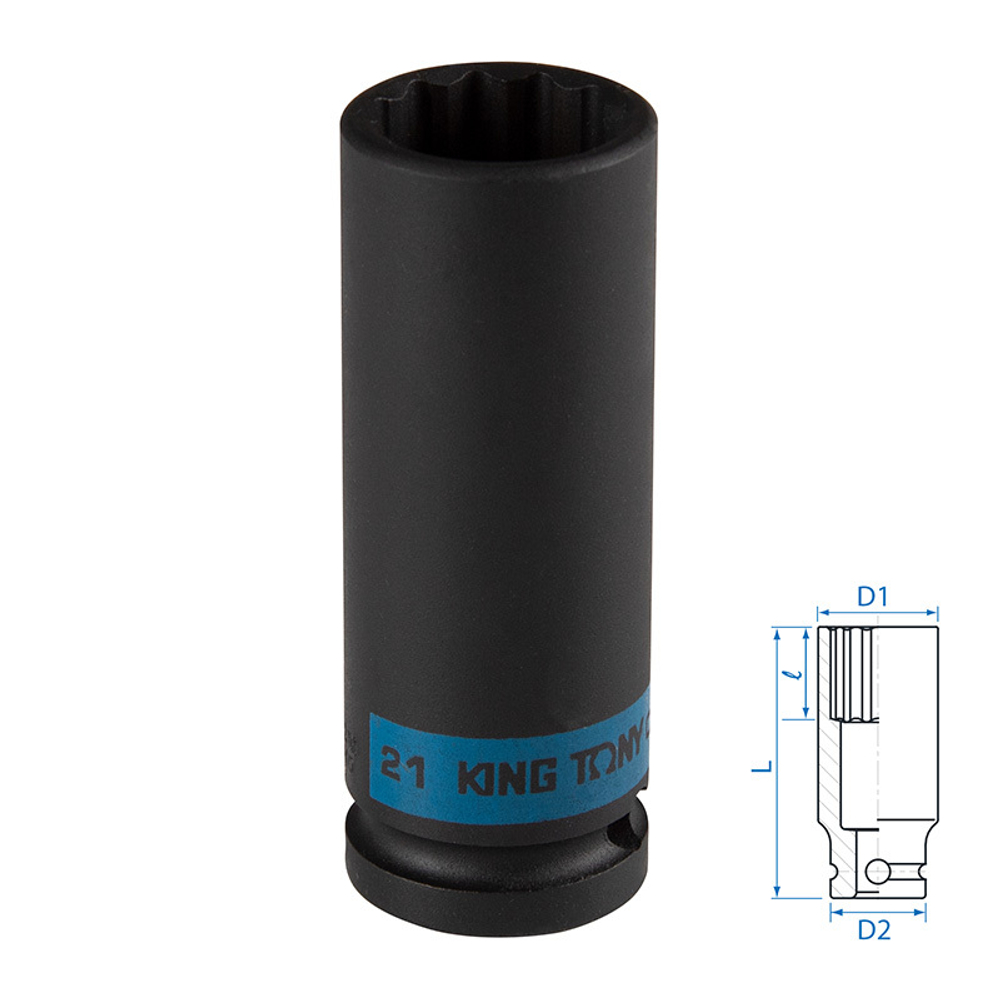 KING TONY (443021M) Головка торцевая ударная глубокая двенадцатигранная 1/2", 21 мм