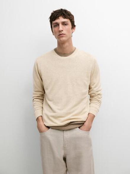 Massimo Dutti Вязаный льняной свитер с круглым вырезом, ванильный