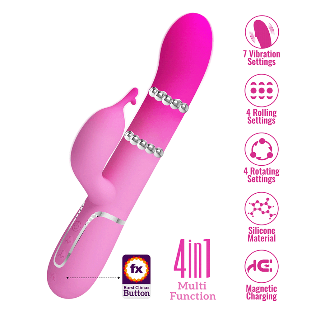 Розовый вибратор-кролик 22,6см с вращением и массажем бусин Pretty Love Rabbit Vibrator Shima Pink BW-500051-4