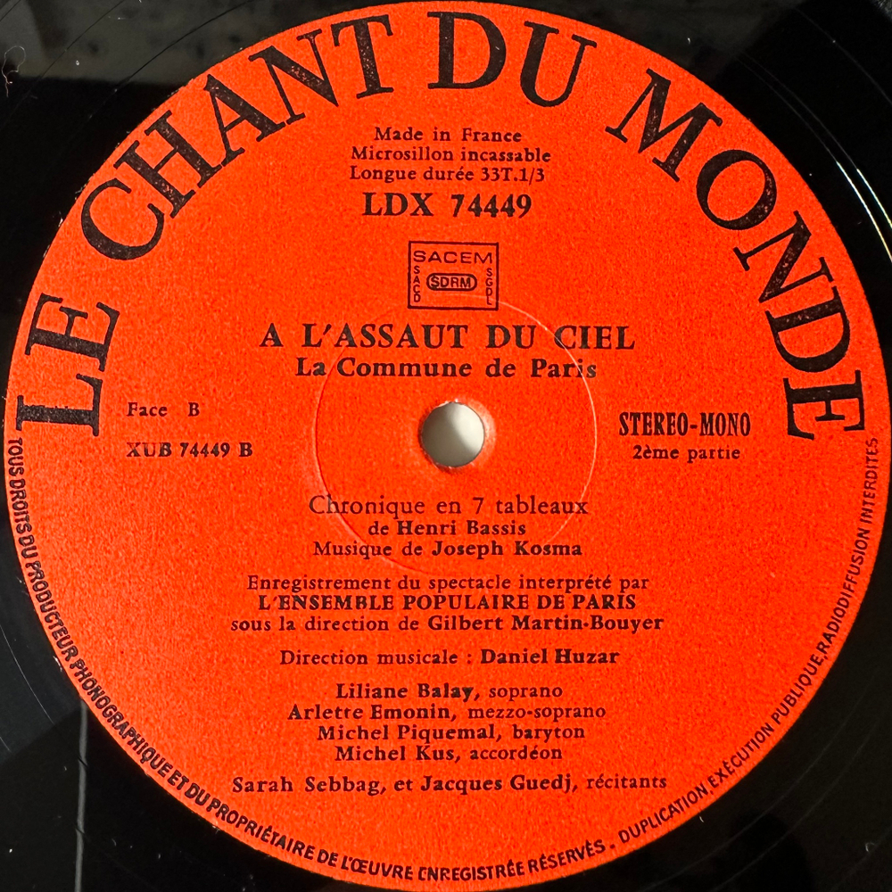 Joseph Kosma / Ensemble Populaire De Paris ‎– A L'assaut Du Ciel - La Commune De Paris (Франция 1971г.)