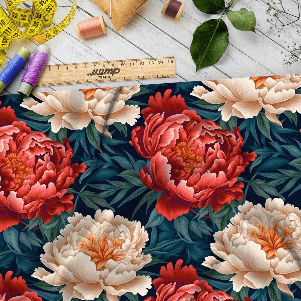 Ткань премиум шелк искусственный Армани пионы на сероголубых листьях