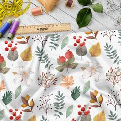 Ткань кулирная гладь крупные листья, брусника и цветы