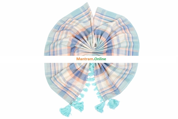 Палантин материал Хлопок цвет голубой оранжевый бирюзовый белый размер 190х65 см.
