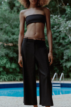 ZARA БРЮКИ-КЮЛОТЫ ИЗ СМЕСОВОГО ЛЬНА С ПЛЕТЕНЫМ ПОЯСОМ, ЧЕРНЫЙ