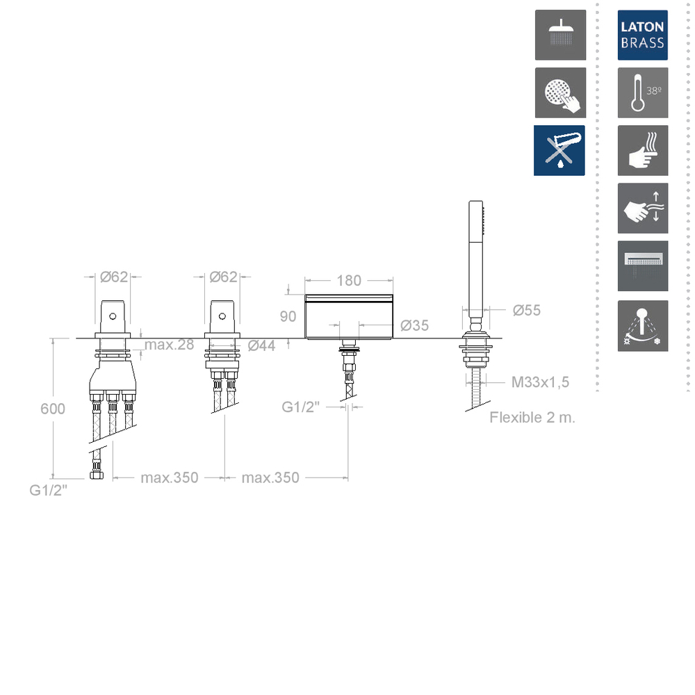 Смеситель в борт ванны термостатический с каскадным изливом и ручным душем TZAR 343303TM