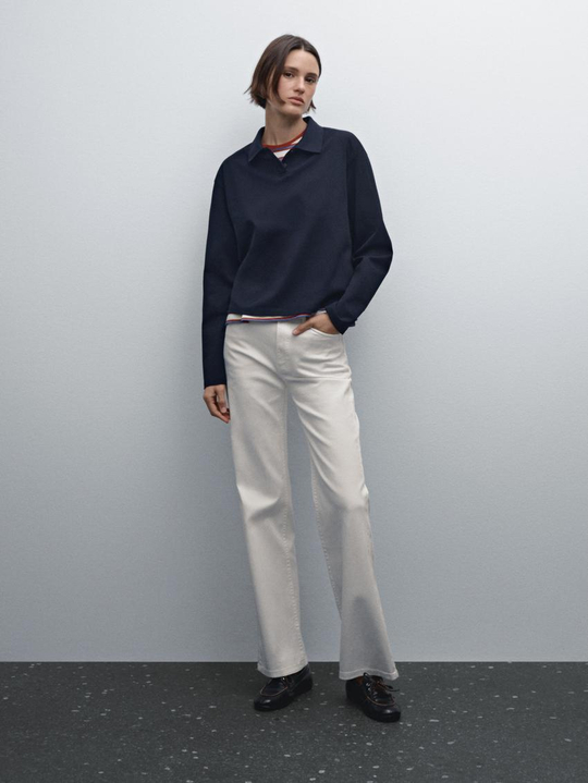 Massimo Dutti Джинсовые брюки прямого кроя с карманами, кремовый