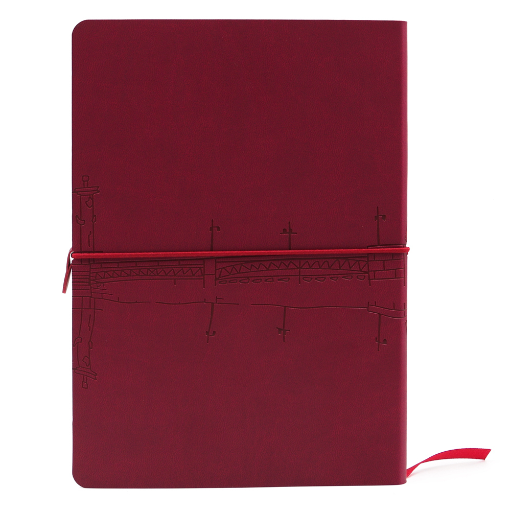 НОВИНКА! Блокнот "Питер. Мосты на Неве" в клетку А5 128 листов, гибкая обложка из экокожи (цвет винный) с блинтовым тиснением рисунка по полю