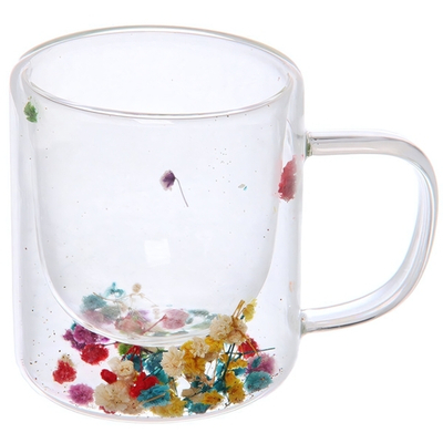 Кружка стеклянная с двойными стенками 270мл «Хай-Тек» с цветами