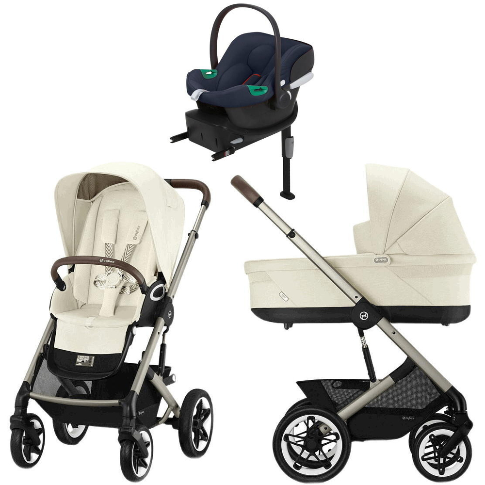 Коляска Cybex Talos S Lux TPE complete Aton B2 Bay Blue Base One 4 в 1 Seashell Beige с дождевиками