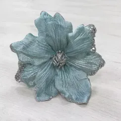 Декоративный цветок Магнолия 20 см., голубой, на клипсе, Christmas DeLuxe (87319)