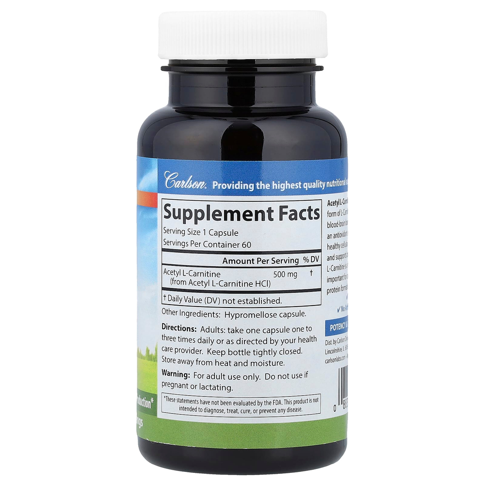 Carlson, Ацетил L-карнитин, 500 мг, 60 вегетарианских капсул