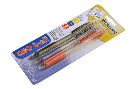 Набор ручек шариковых 3шт 3цв ассорти CROWN нажимной механизм 0.7мм с резиновым упором на масляной основе