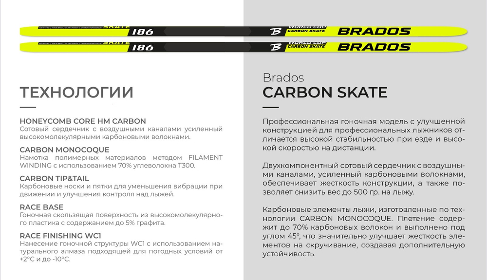 Лыжи BRADOS CARBON SKATE YELLOW 2024 P-TEX ISOSPORT GH7200, 0563
