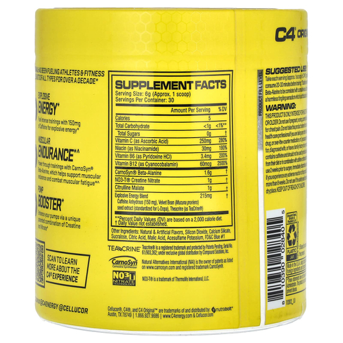 C4 / Cellucor, C4® Original, предтренировочный комплекс, со вкусом голубой малины, 180 г (6,3 унции)